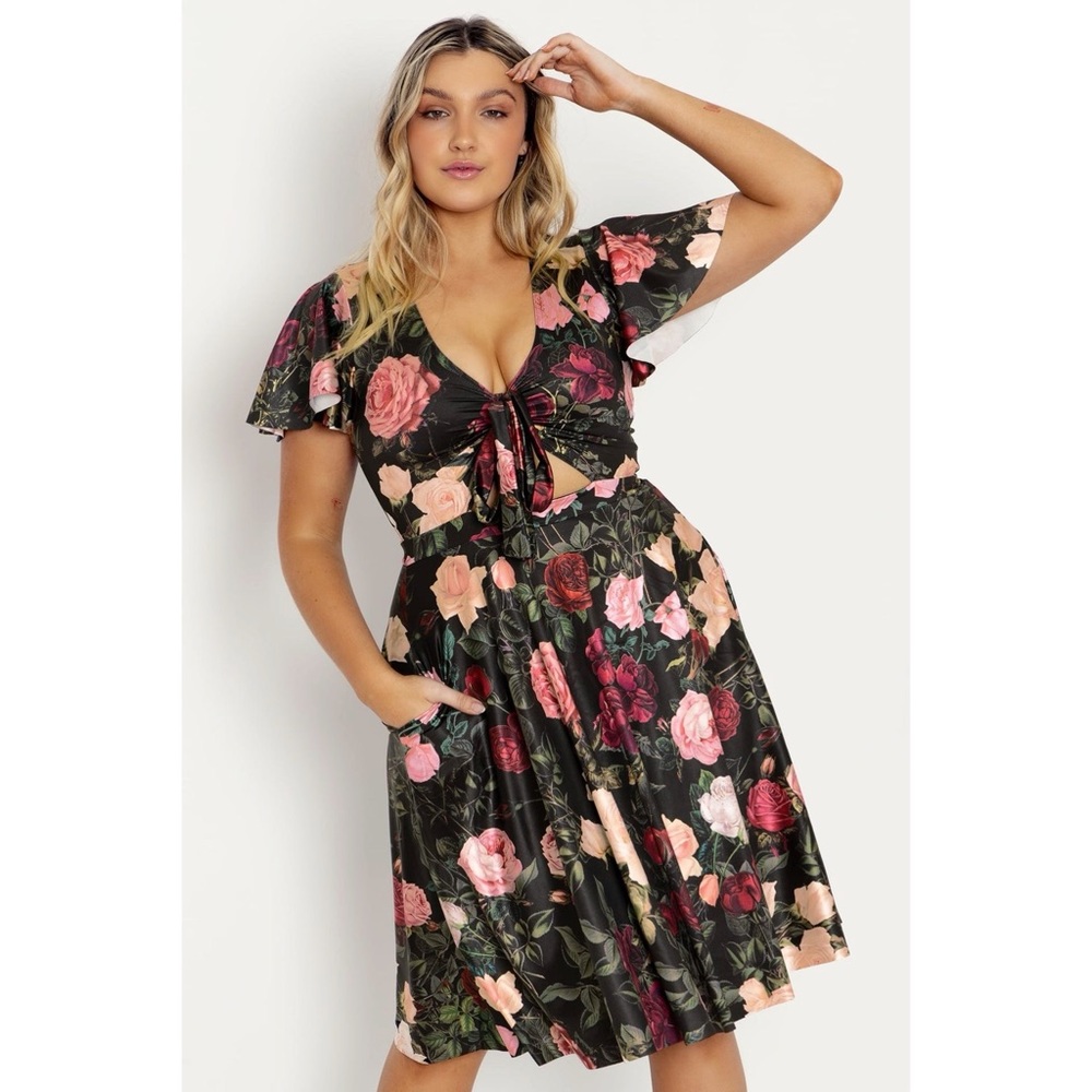 Blackmilk Floral Tie-Front Midi Dress in Black with Pink and Red Roses